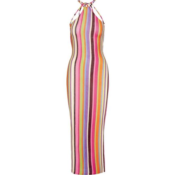 NEW Steve Madden Multicolor Rainbow Striped Sleeveless Halter Maxi Dress Sz S - Picture 9 of 11